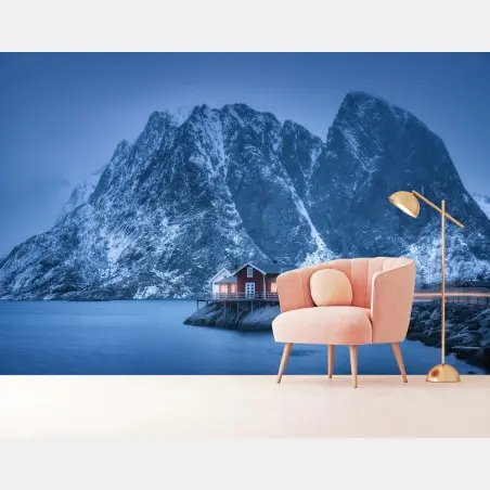 Wall mural tranquil mountain cabin at blue hour • Wallissimo®