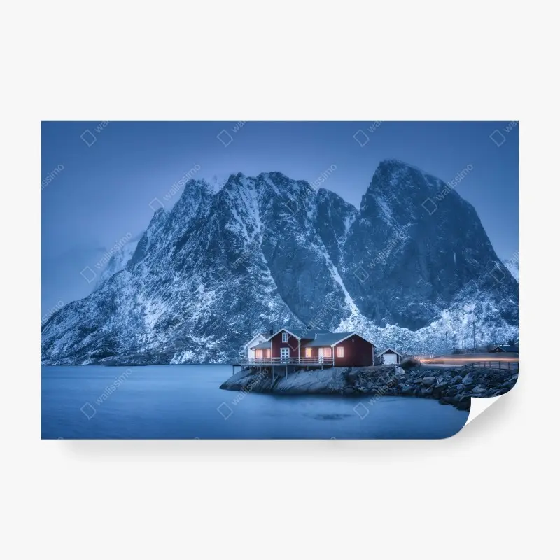Wall mural tranquil mountain cabin at blue hour