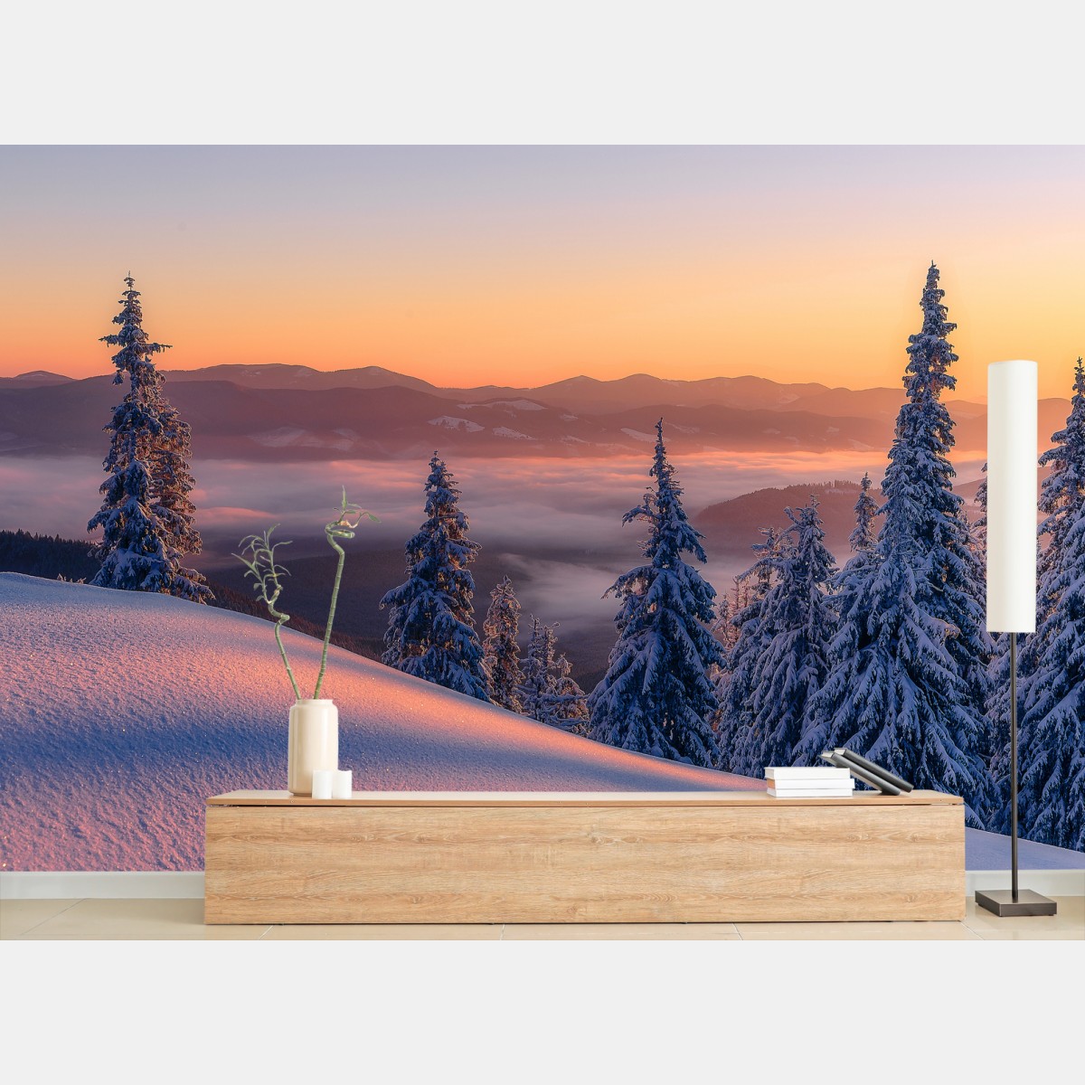 Wall mural snowy mountain sunrise • Wallissimo®