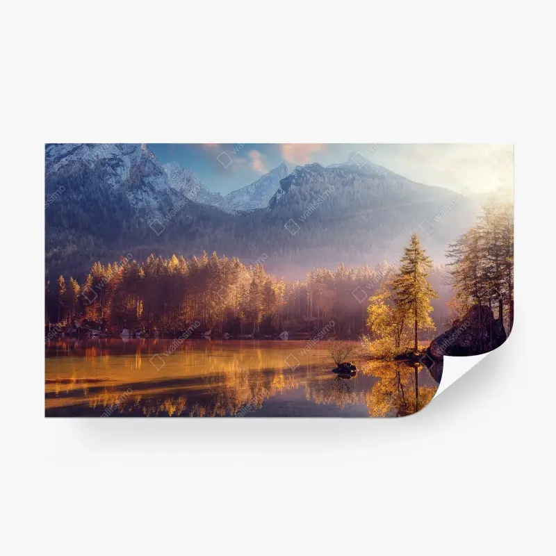 Wall mural golden sunrise over mountain lake