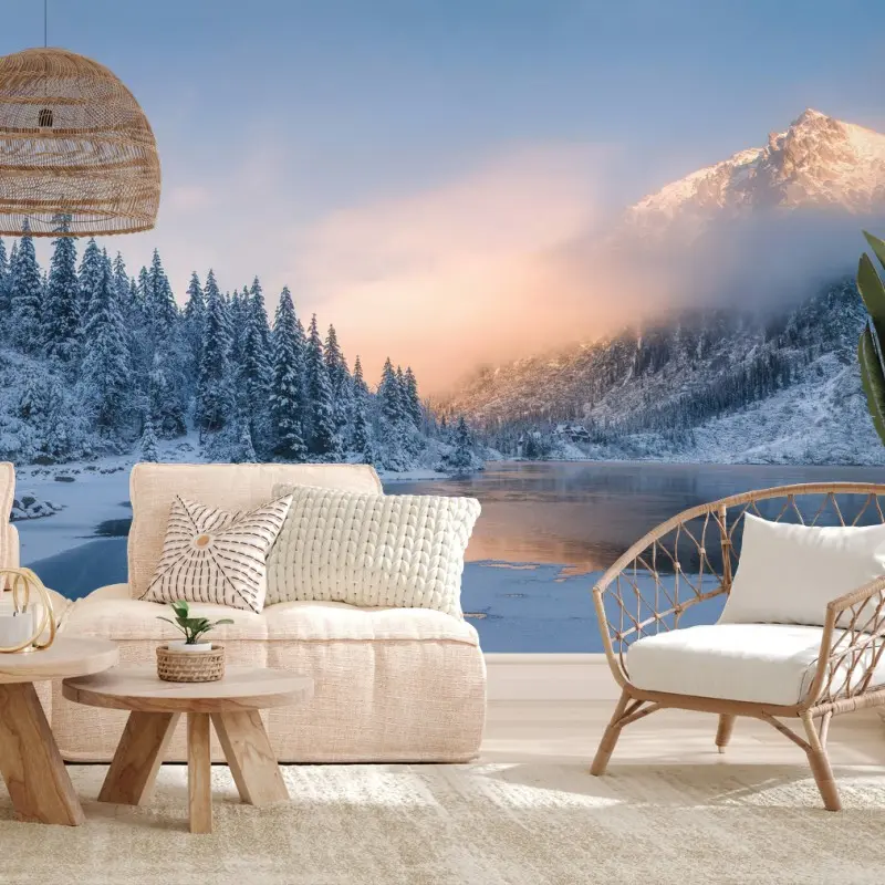 Wall mural winter sunrise over mountain lake