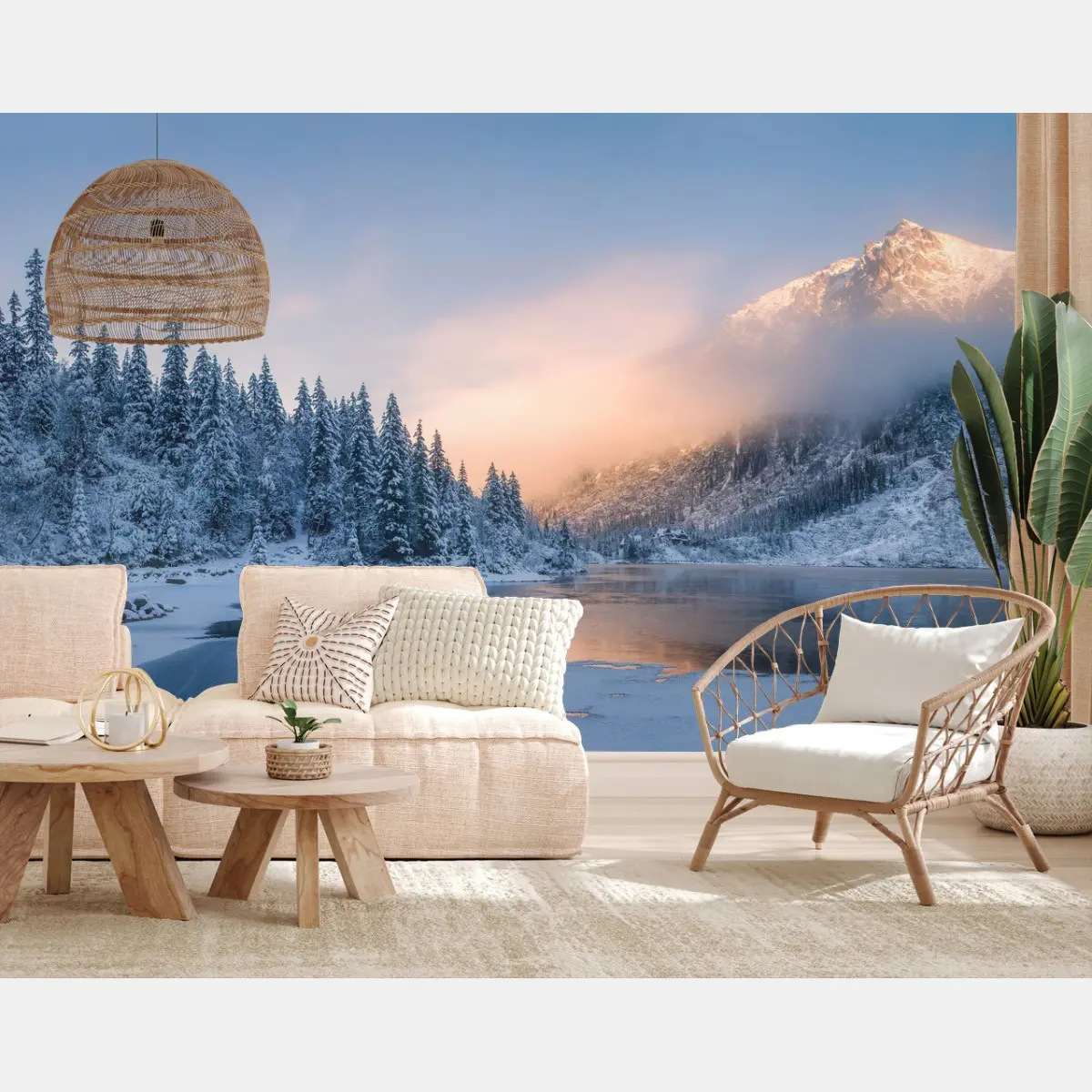 Wall mural winter sunrise over mountain lake • Wallissimo®