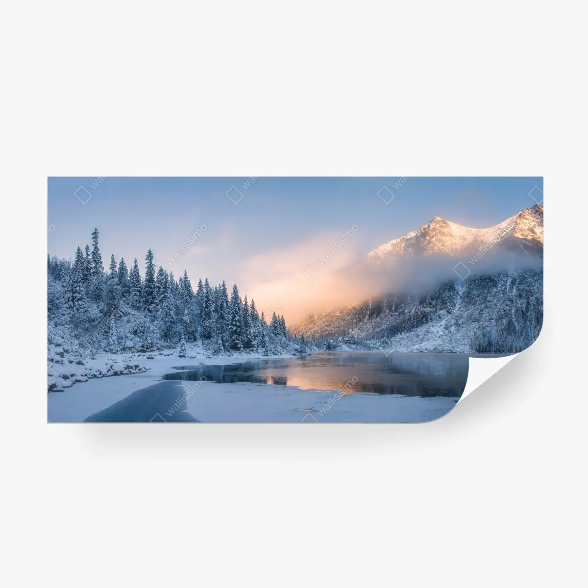 Wall mural winter sunrise over mountain lake • Wallissimo®