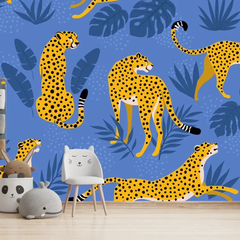 Wall mural playful cheetah pattern on blue background