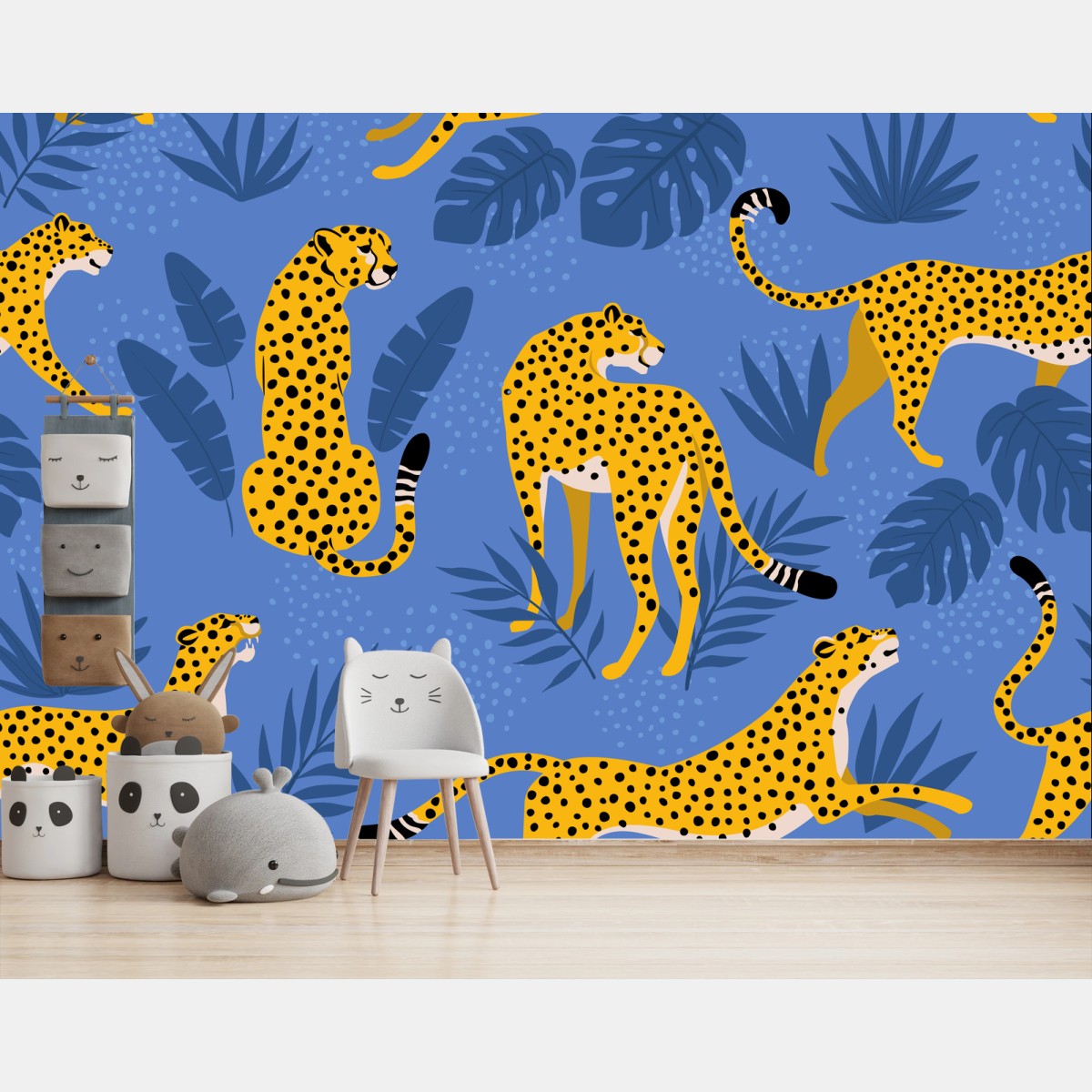 Wall mural playful cheetah pattern on blue background • Wallissimo®