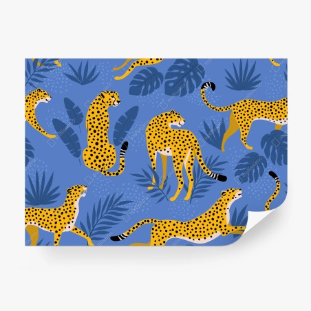Wall mural playful cheetah pattern on blue background • Wallissimo®