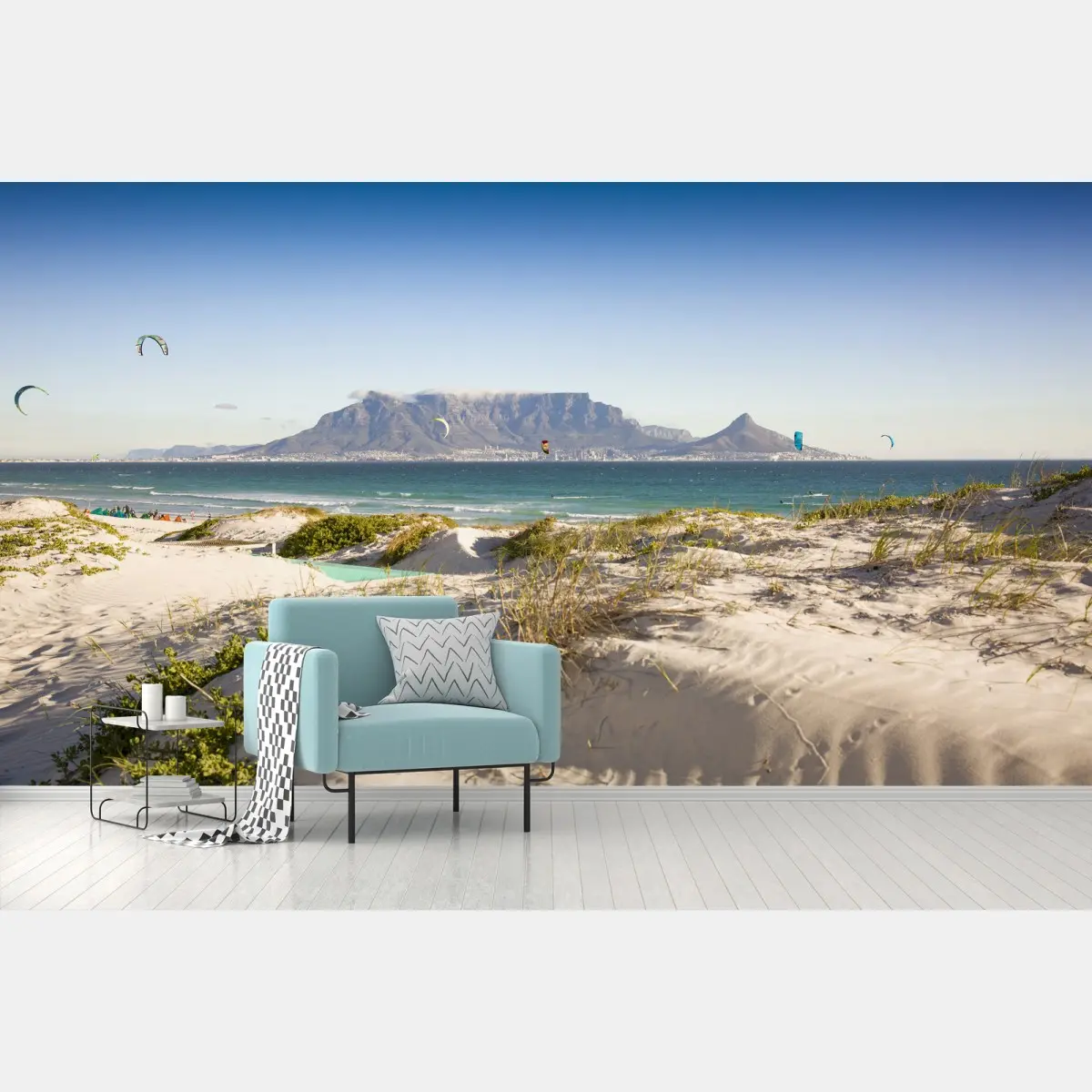 Wall mural sunlit dunes and Table Mountain panorama • Wallissimo®