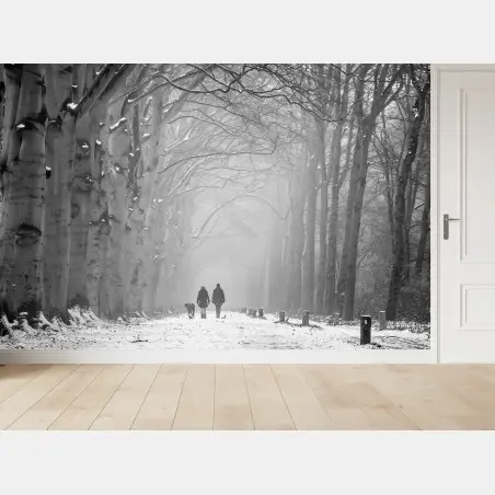 Wall mural misty winter forest pathway • Wallissimo®