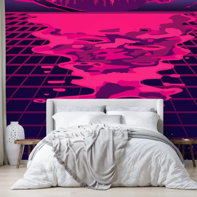 Wall mural neon synthwave sunset cityscape • Wallissimo® Wall mural neon synthwave sunset cityscape • Wallissimo®