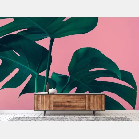 Wall mural tropical monstera leaves on pink background • Wallissimo®