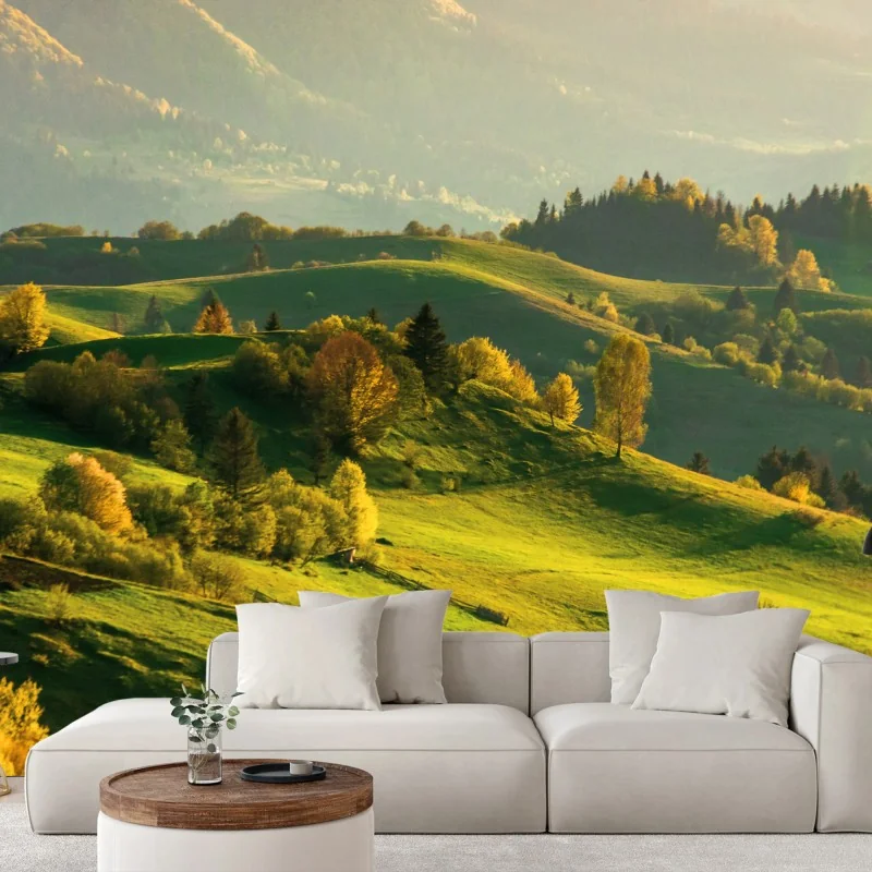 Wall mural serene sunlit mountain meadows