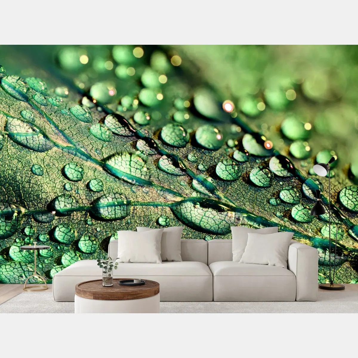 Wall mural emerald leaf with dew drops • Wallissimo®