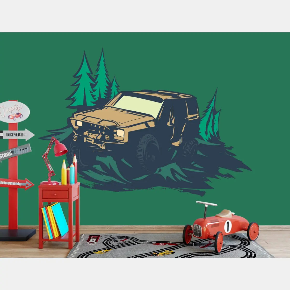 Wall mural rugged off-road suv in forest • Wallissimo®