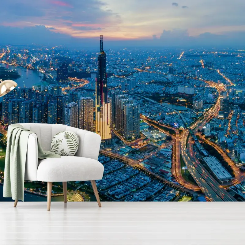 Wall mural dusk city skyline over the river