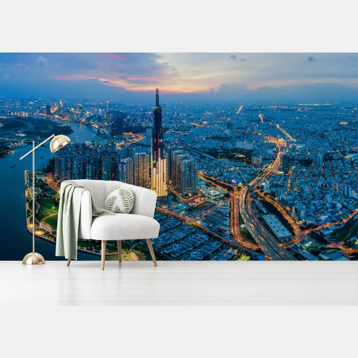 Wall mural dusk city skyline over the river • Wallissimo®