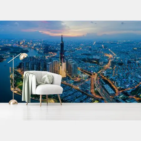 Wall mural dusk city skyline over the river • Wallissimo®