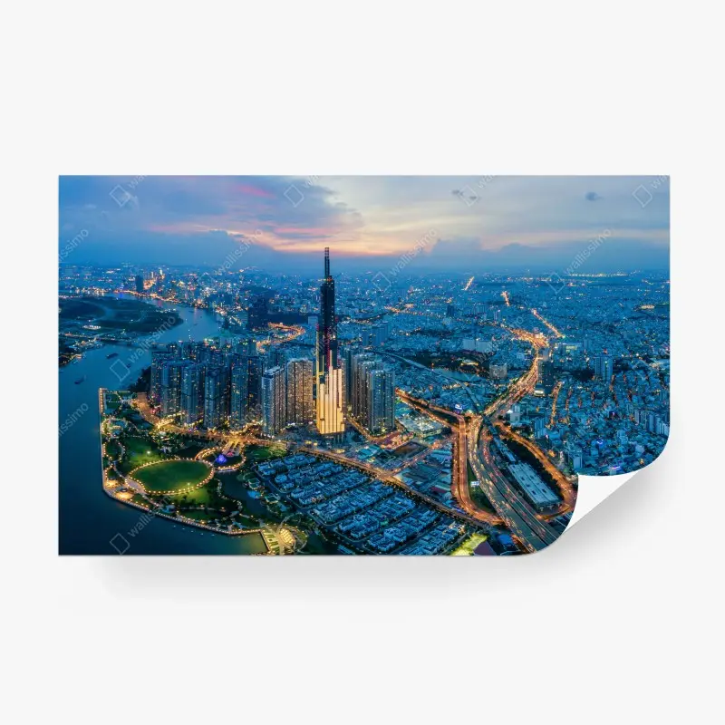 Wall mural dusk city skyline over the river