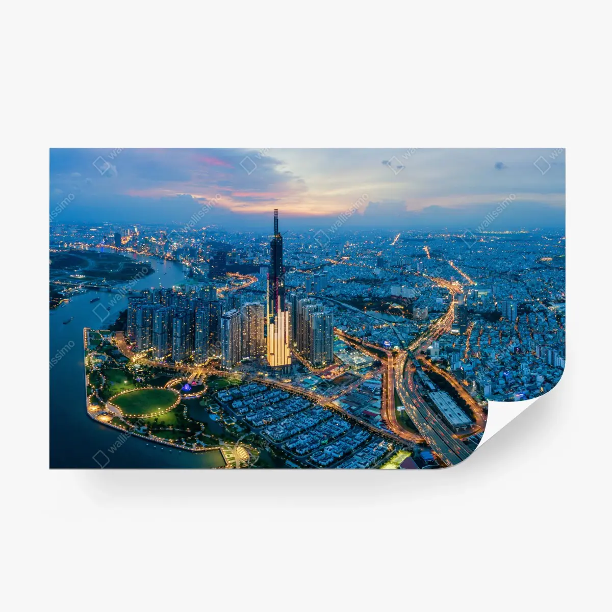 Wall mural dusk city skyline over the river • Wallissimo®