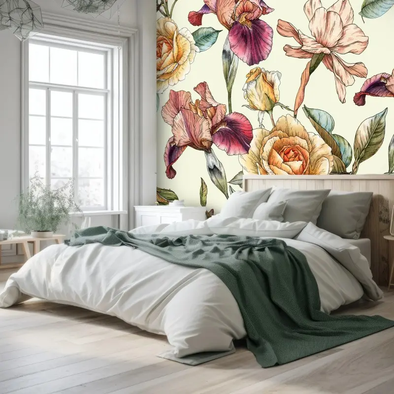 Wall mural botanical rose and iris floral print