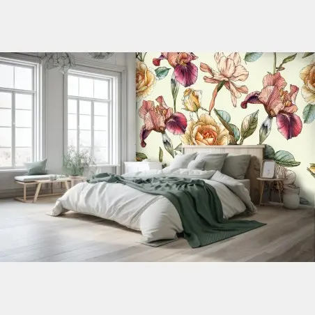 Wall mural botanical rose and iris floral print • Wallissimo®
