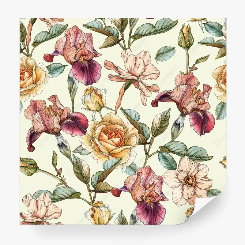 Wall mural botanical rose and iris floral print