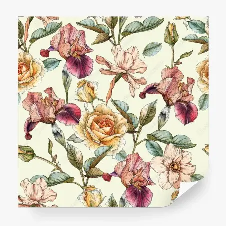 Wall mural botanical rose and iris floral print • Wallissimo®