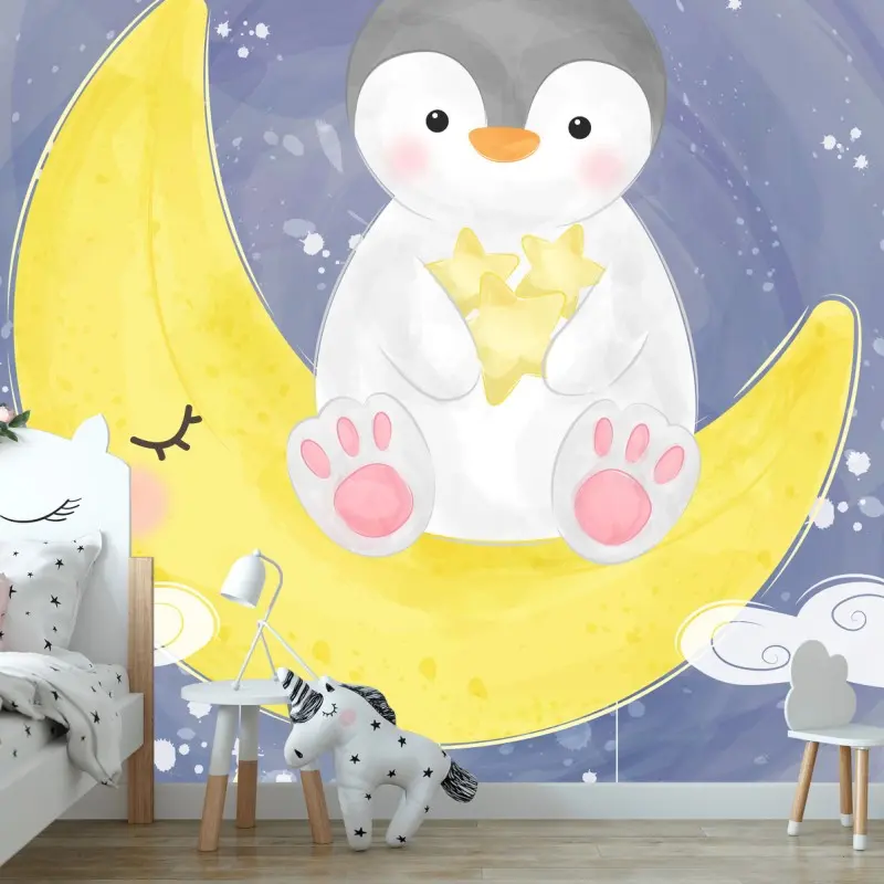 Wall mural baby penguin on crescent moon