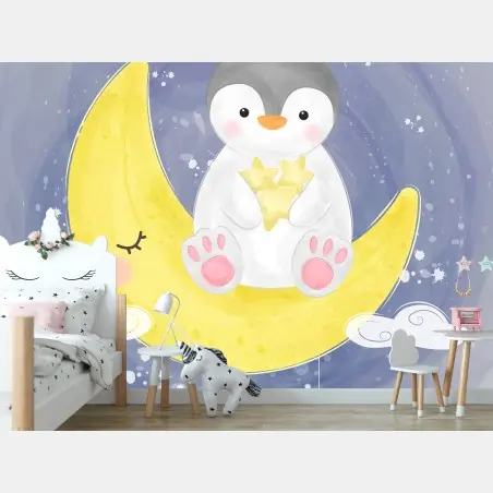 Wall mural baby penguin on crescent moon • Wallissimo®