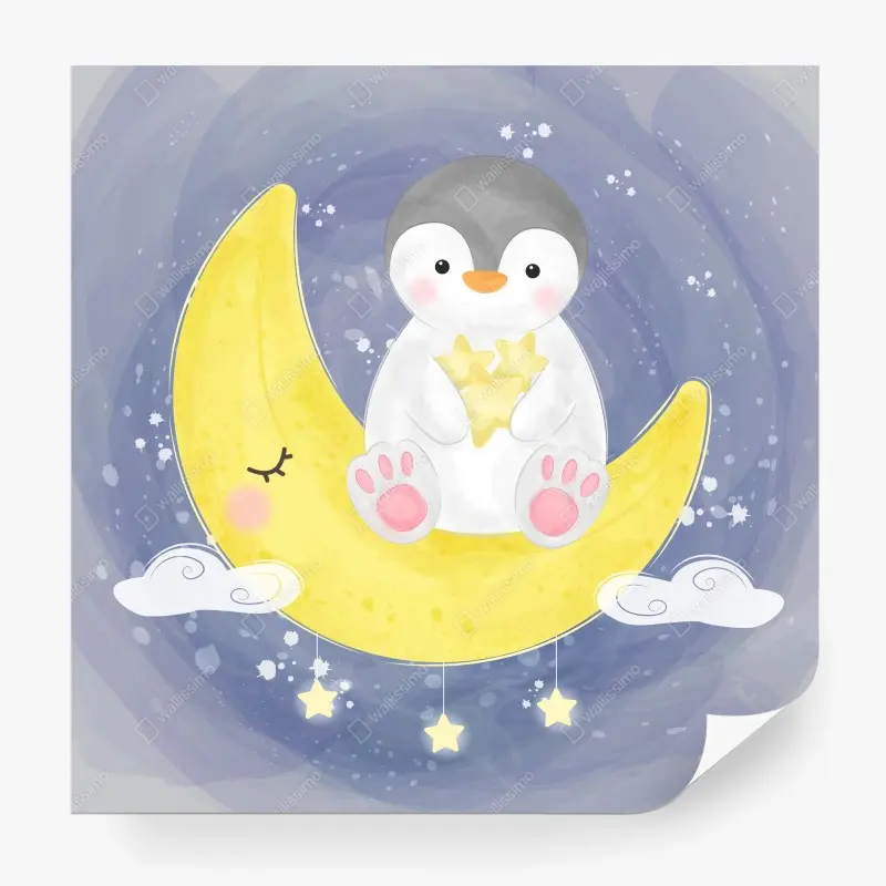 Wall mural baby penguin on crescent moon