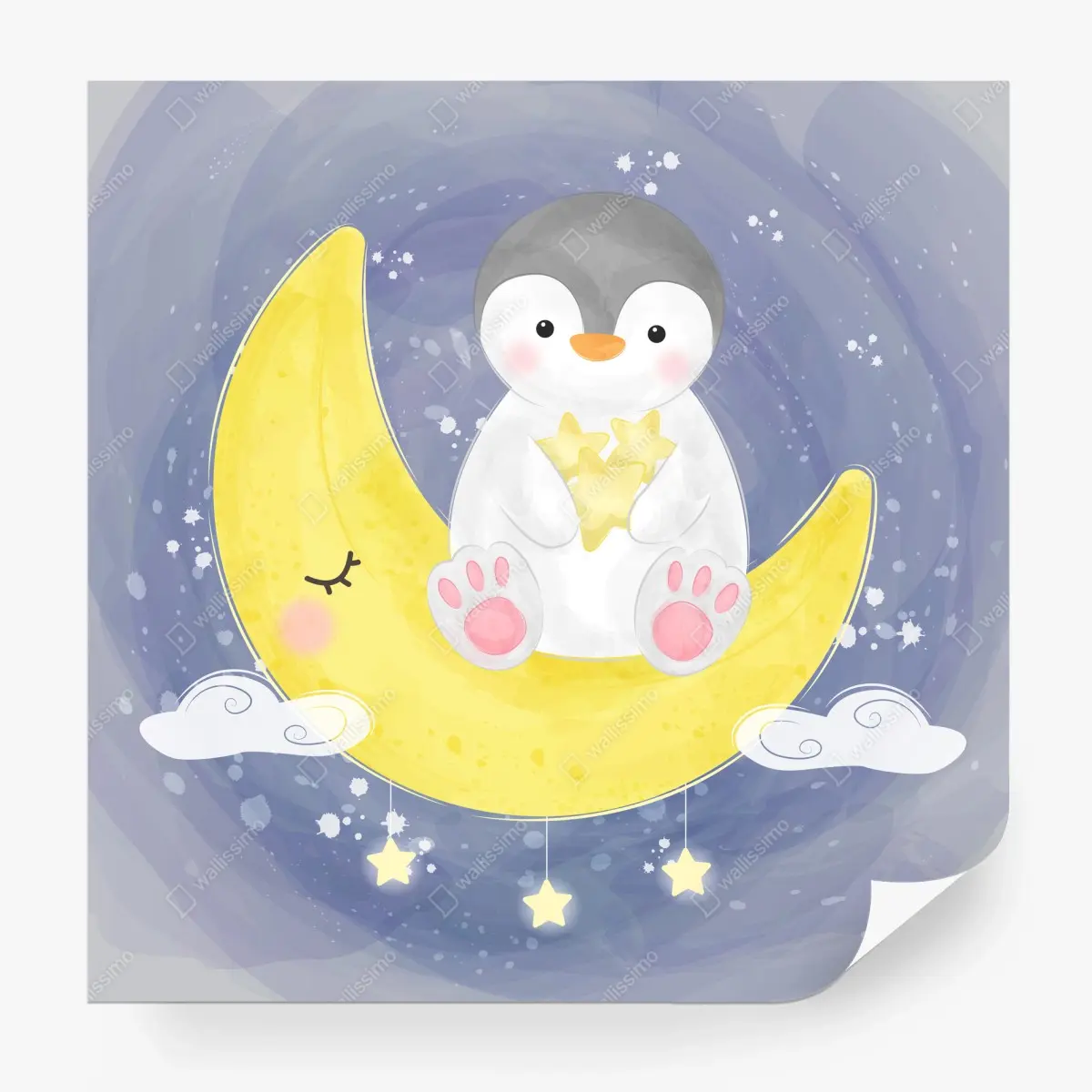 Wall mural baby penguin on crescent moon • Wallissimo®
