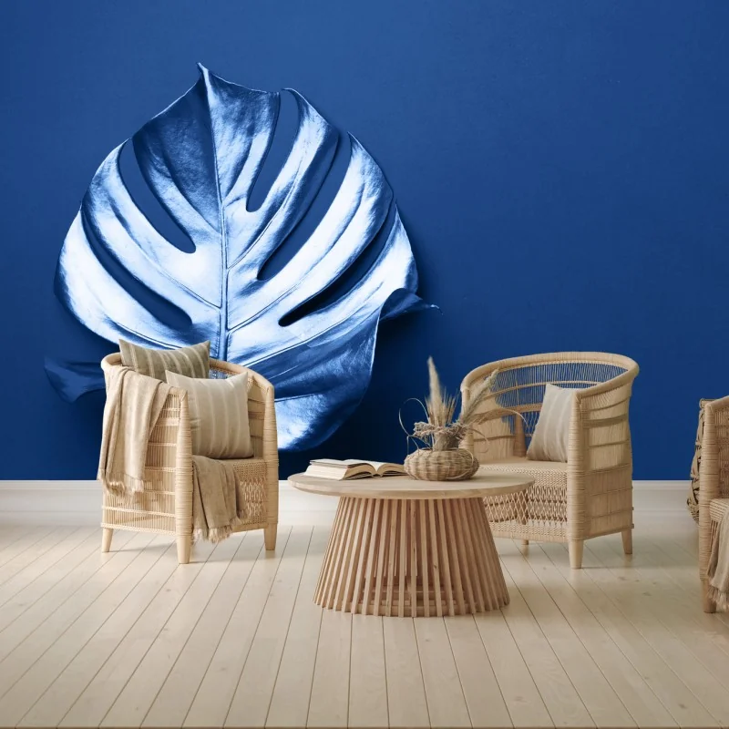 Wall mural blue monstera leaf minimal art