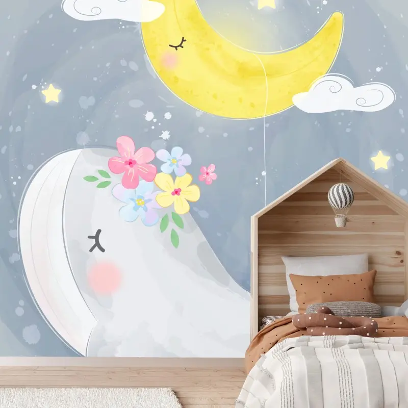 Wall mural sleepy moon whale nursery illustration