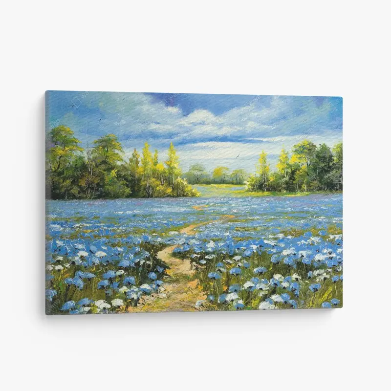 Canvas print path through a blue cornflower meadow