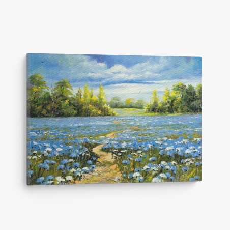 Canvas print path through a blue cornflower meadow • Wallissimo®