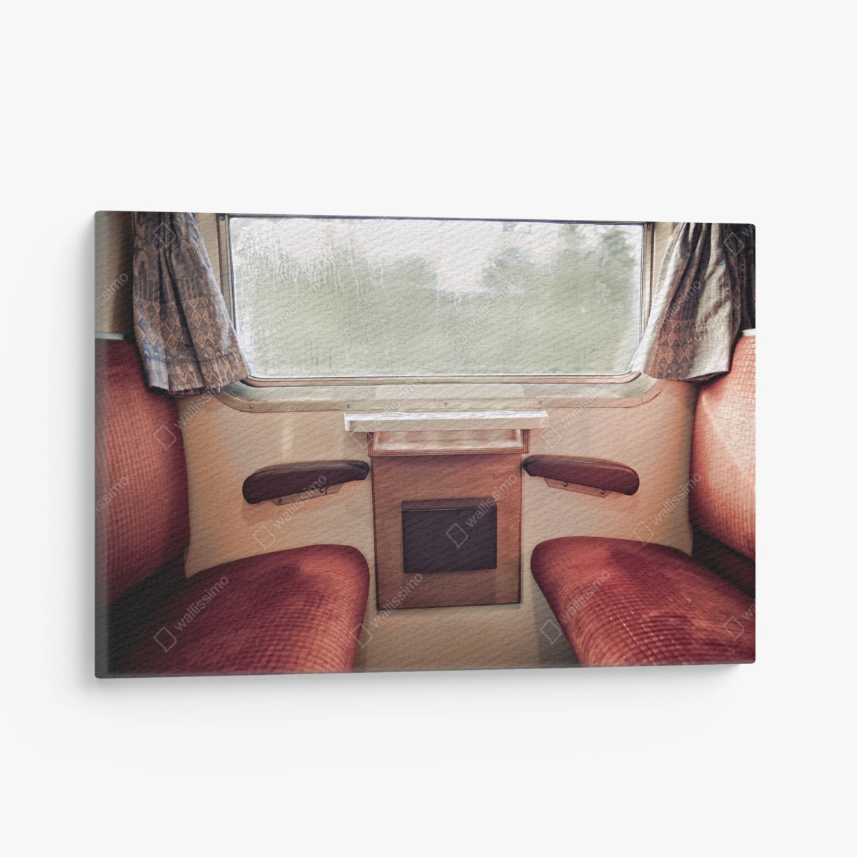 Canvas print vintage train compartment with rainy window • Wallissimo®