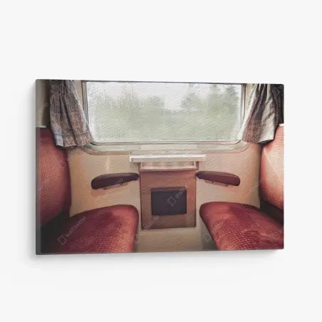 Canvas print vintage train compartment with rainy window • Wallissimo®