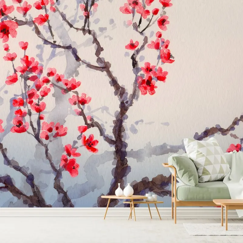 Wall mural RED CHERRY BLOSSOM TREE SPRING FOR LIVING ROOM