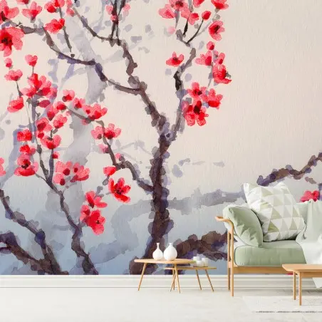 Wall mural RED CHERRY BLOSSOM TREE SPRING FOR LIVING ROOM • Wallissimo®