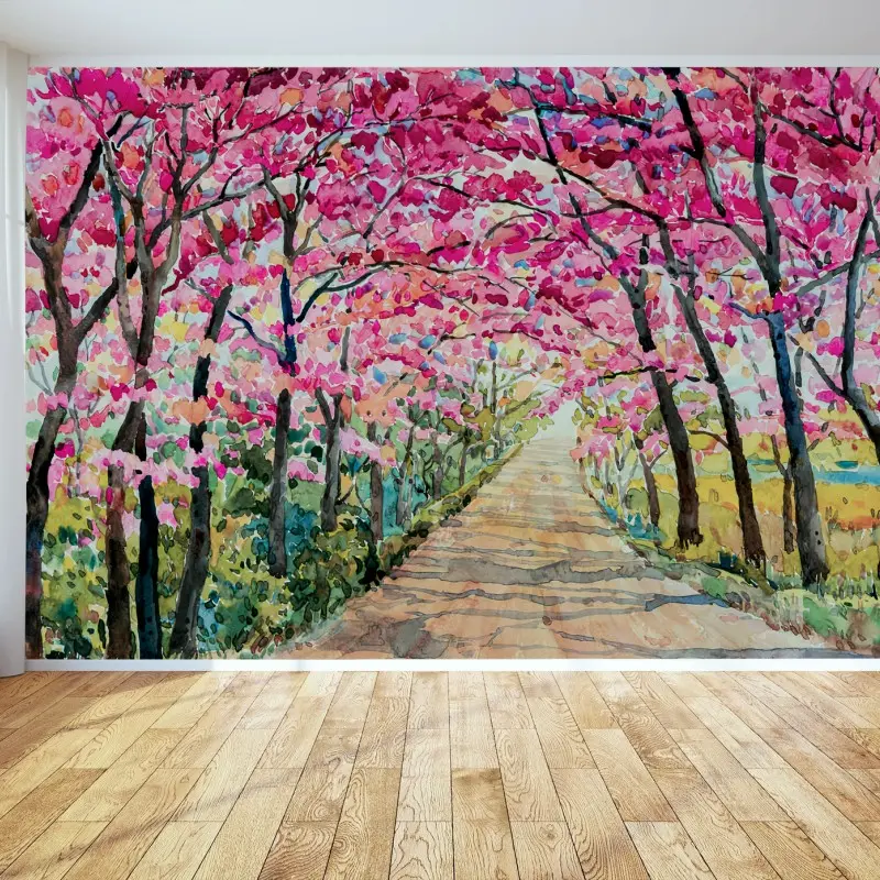 Wall mural CHERRY PINK SPRING ROAD SCENE FOR LIVING ROOM