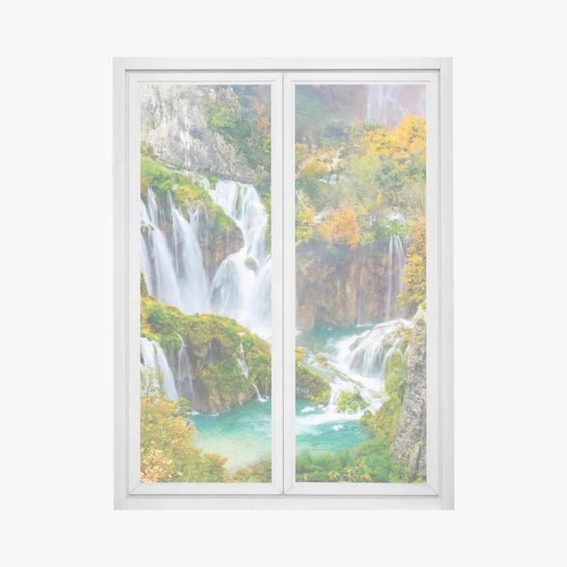 Window decal turquoise waterfall in autumn