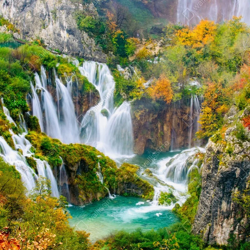Window decal turquoise waterfall in autumn • Wallissimo®