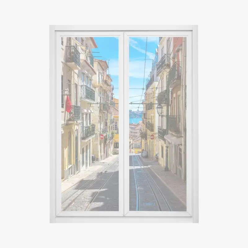 Window decal old Lisbon street on a summer day