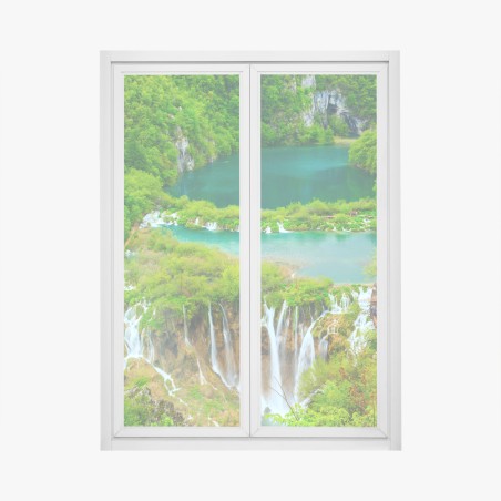 Window decal lush waterfall and turquoise lakes panorama • Wallissimo®