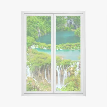 Window decal lush waterfall and turquoise lakes panorama • Wallissimo®