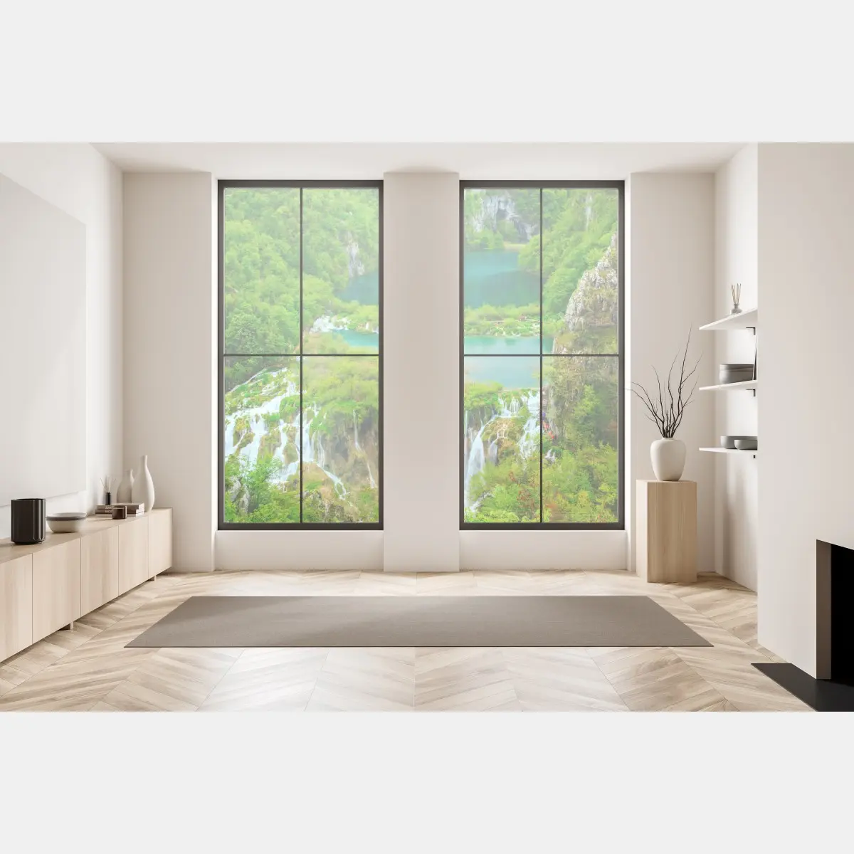 Window decal lush waterfall and turquoise lakes panorama • Wallissimo® Window decal lush waterfall and turquoise lakes panorama • Wallissimo®