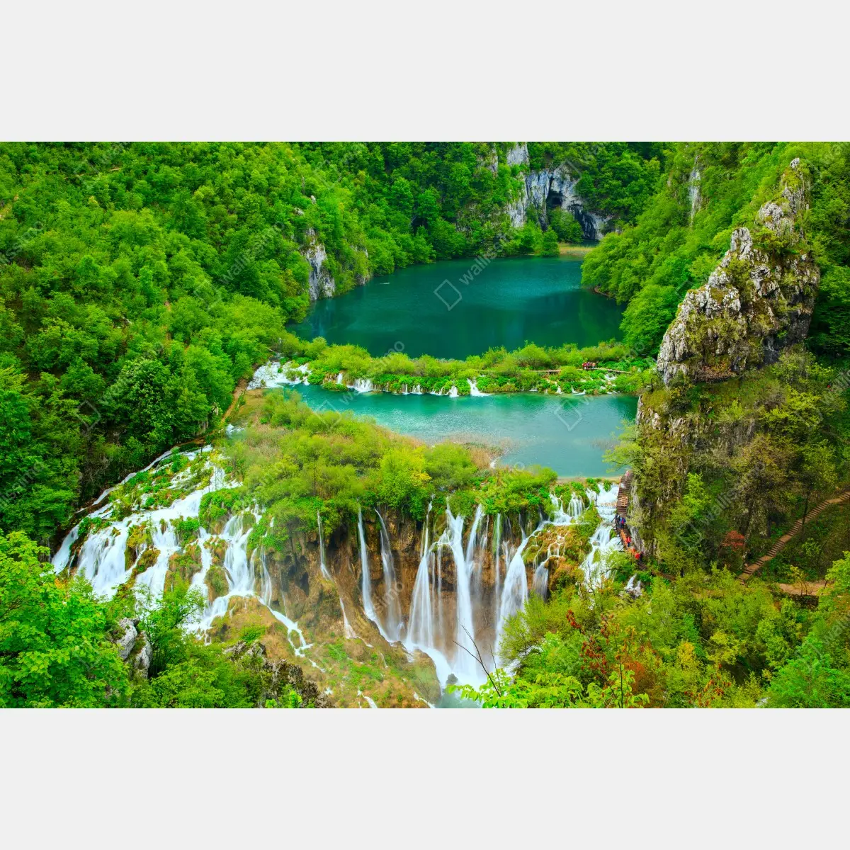 Window decal lush waterfall and turquoise lakes panorama • Wallissimo® Window decal lush waterfall and turquoise lakes panorama • Wallissimo®