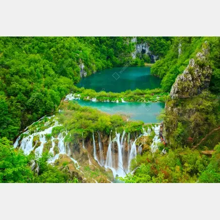 Window decal lush waterfall and turquoise lakes panorama • Wallissimo®